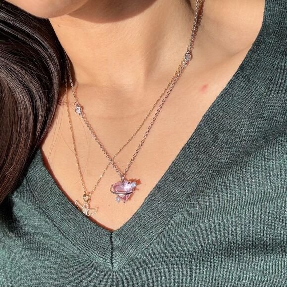 Y2k pink heart shape pink zirconia necklace on stainlesss steel silver chain - Picture 4 of 7